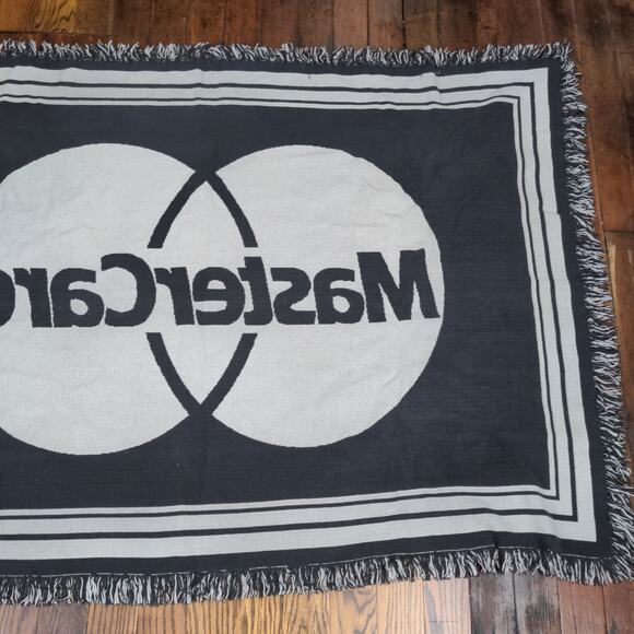 MasterCard Tapestry Blanket White Black Size 42x62 Vintage Big Logo - Picture 3 of 8